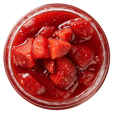 Strawberry jam in glass bowl isolated on white background. Top view.の素材