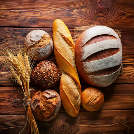 Different types of bread and rolls on wooden background. Top view.の素材