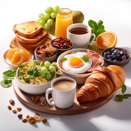 Breakfast served with coffee, orange juice, croissants and fruitsの素材