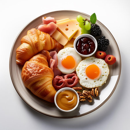Breakfast with coffee, croissants, eggs and fruits on plateの素材