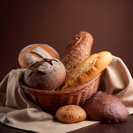 Basket with bread and rolls on wooden table. Brown background.の素材