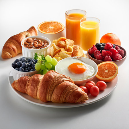 Healthy breakfast with coffee, orange juice, croissants and fruitsの素材