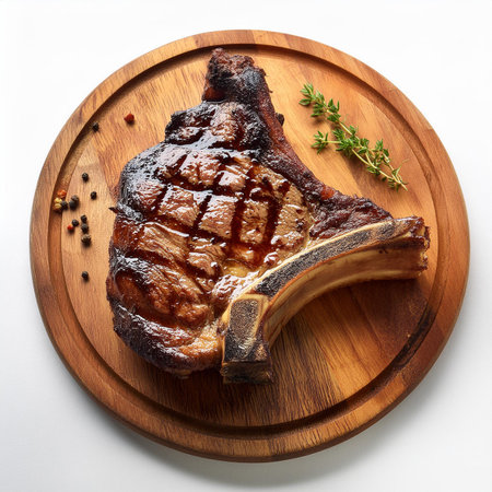 Grilled ribeye steak on wooden board isolated on white background.の素材