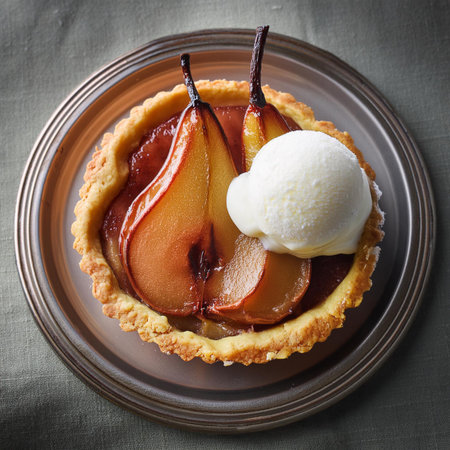 Delicious pear tart with vanilla ice-cream on a gray backgroundの素材