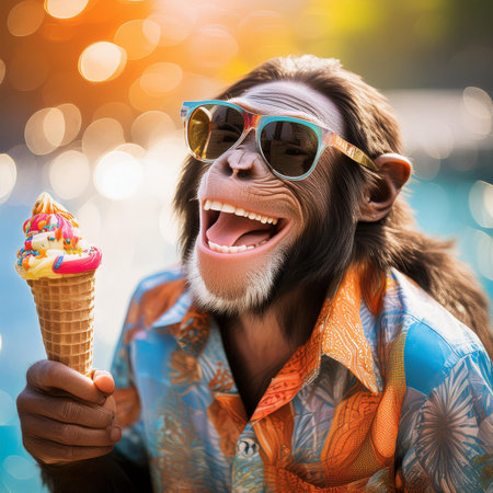 Monkey man eating ice cream in a waffle cone with a blurred backgroundの素材