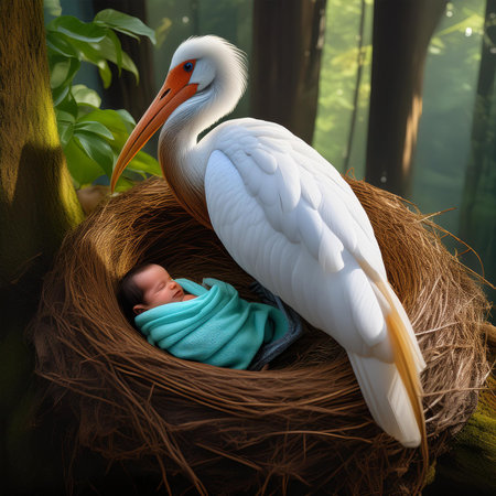 Baby in the nest with white pelican. 3D rendering.の素材