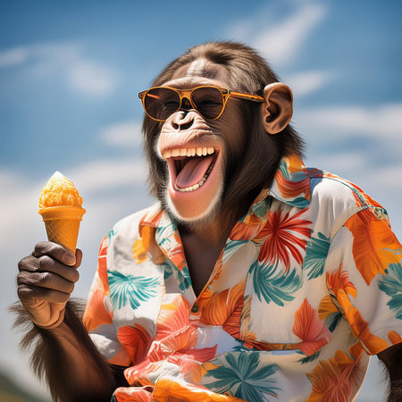 Cheerful monkey eating ice cream over blue sky and clouds backgroundの素材