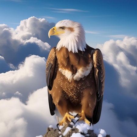 Bald Eagle (Haliaeetus leucocephalus) sitting on top of a rock in the cloudsの素材