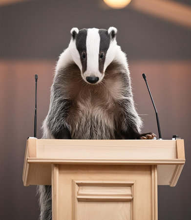Badger sitting on tribune and speaking into microphone at conference hallの素材