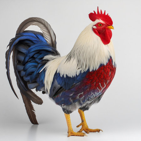 Colorful rooster isolated on a white background. Studio shot.の素材