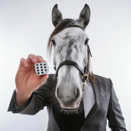 Horse with dice in hand isolated on white background, closeupの素材