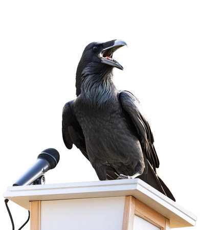 Black crow sitting on the roof and singing. Isolated on white background.の素材
