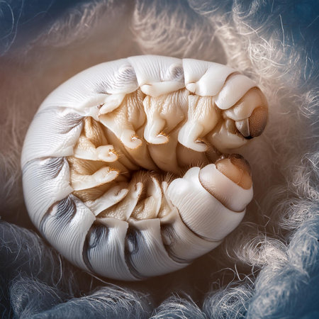 Macro photo of a butterfly larva on a blue background.の素材