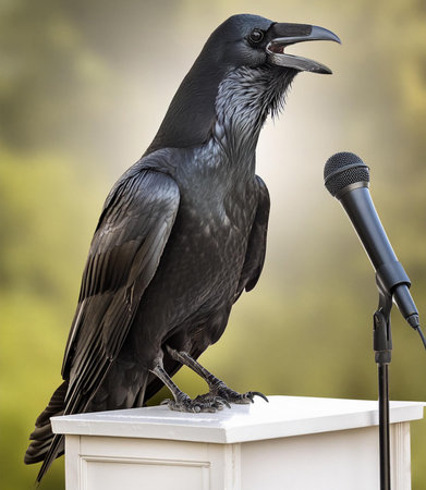 Black crow on a stand with microphone in the background, front viewの素材