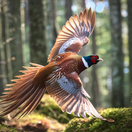 Pheasant in flight in the forest. Beautiful nature scene.の素材