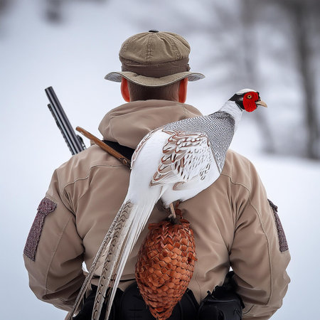 Hunter with a gun and pheasant in the winter forest.の素材