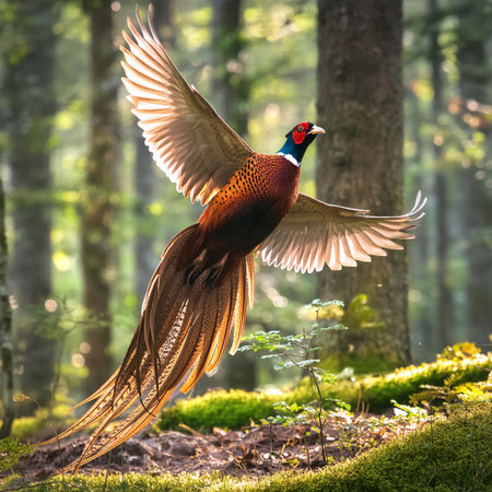 Pheasant flying in the forest. Colorful bird in natureの素材