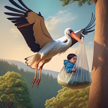 A boy and a stork in a bag on the background of nature.の素材
