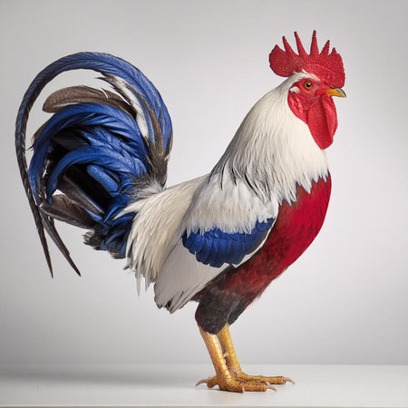 Colorful rooster isolated on a gray background. Studio shot.の素材