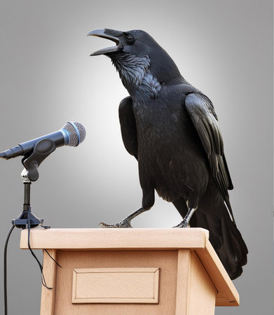 Raven sitting on podium and speaking into microphone, isolated on gray backgroundの素材