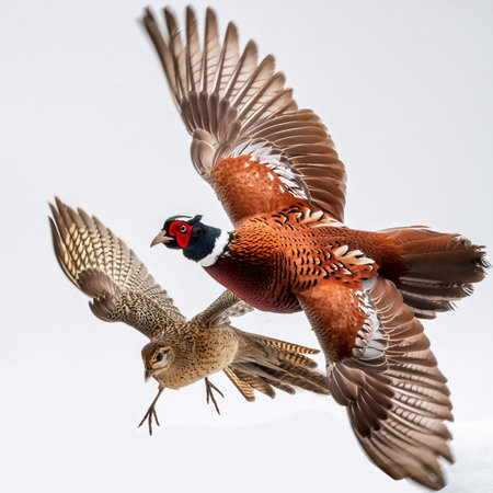 Pheasant in flight with a pheasant in its beakの素材