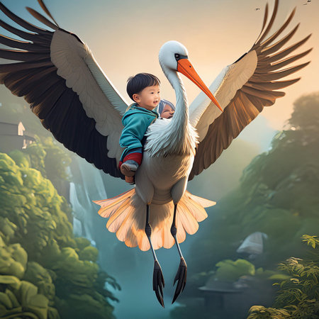 3D rendering of a boy and a stork in the jungleの素材