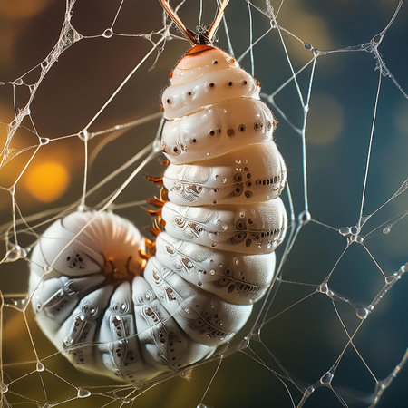 Closeup of a white caterpillar on a cobweb with dew dropsの素材