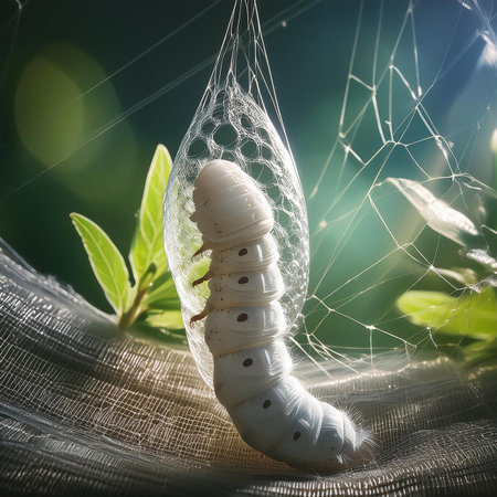 white caterpillar on a spider web with dew drops on itの素材