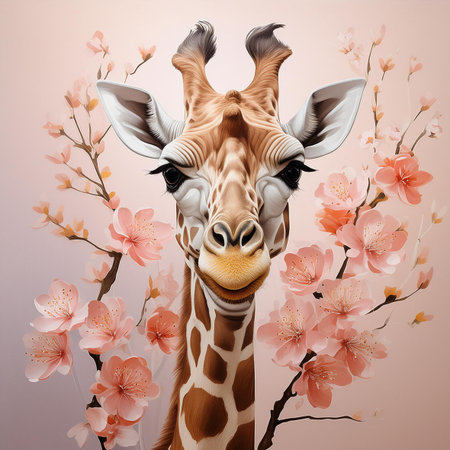 Giraffe and cherry blossom background, digital painting illustration.の素材