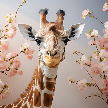 Giraffe head with cherry blossom flowers, 3d illustrationの素材