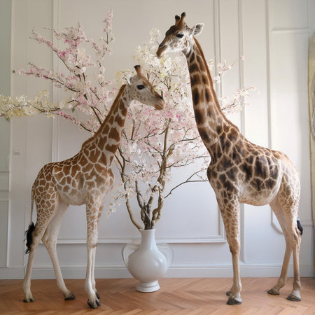 Two giraffes in a vase with flowers in a roomの素材