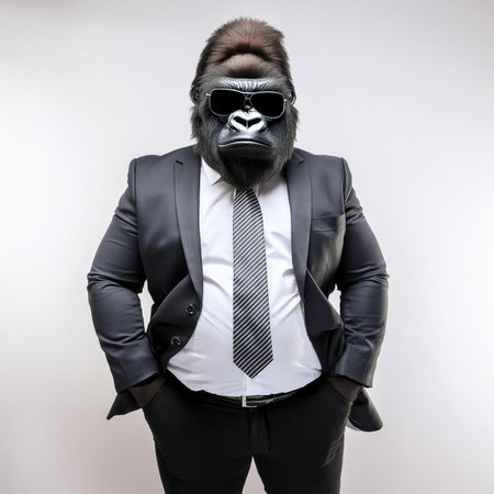 Gorilla in a suit and tie. Studio shot on gray background.の素材