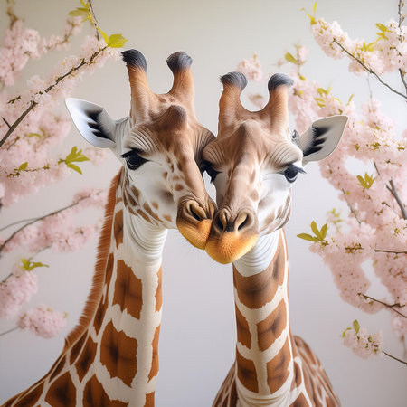 Two giraffes with cherry blossom background, love and tenderness conceptの素材