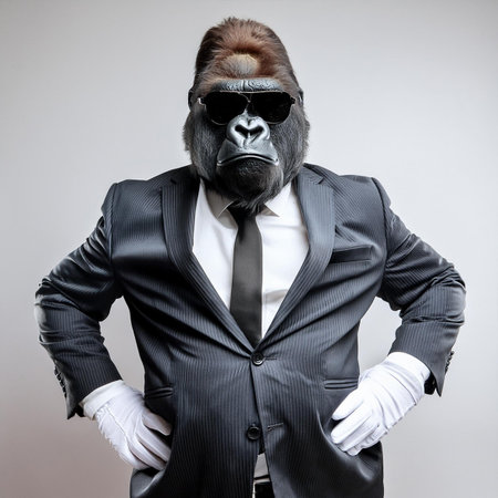 Gorilla in a suit and glasses on a gray background.の素材