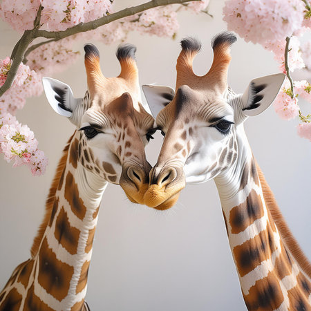 Two giraffes in love on a cherry blossom background.の素材