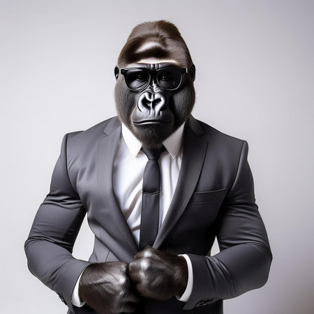 Portrait of a strong gorilla in a business suit. Studio shot.の素材