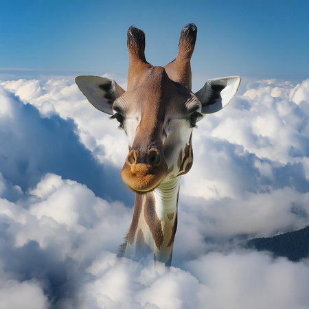 Giraffe in the sky with clouds and blue sky background.の素材