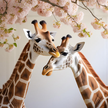 Two giraffes with cherry blossom branch on white background.の素材