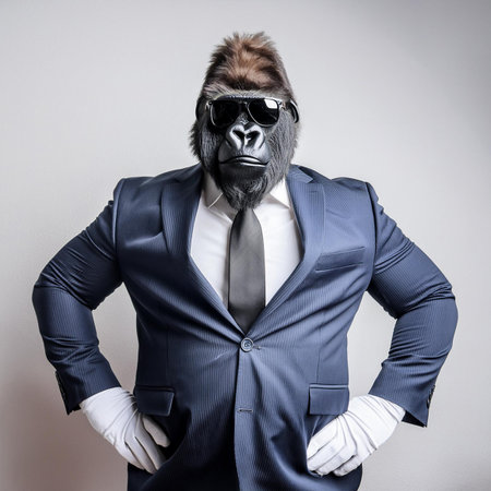 Gorilla in a suit and sunglasses. Studio shot on gray background.の素材