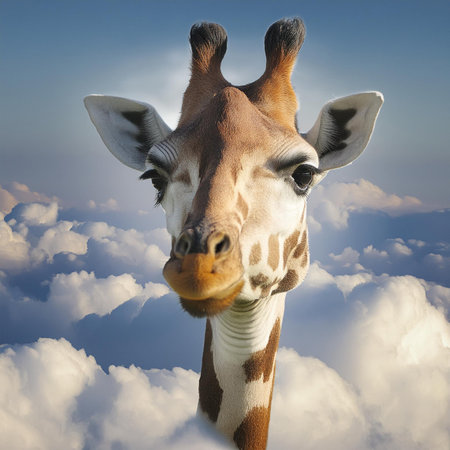 giraffe in the clouds looking at the camera, nature backgroundの素材