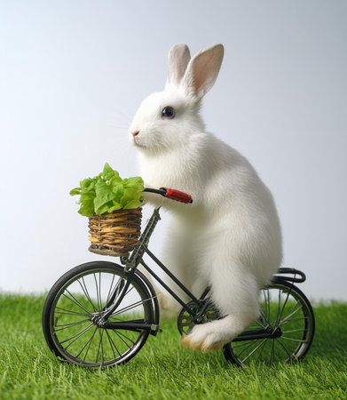 Rabbit with a basket of salad and a bicycle on the grassの素材