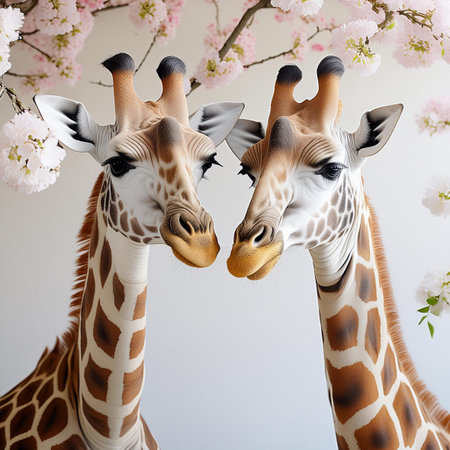 Two giraffes on white background with cherry blossom branch.の素材