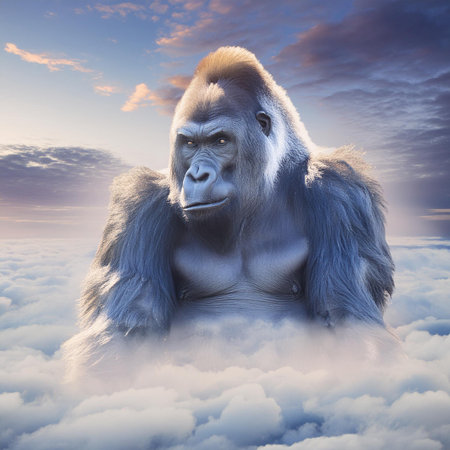 Gorilla in the clouds. 3D render of a gorillaの素材