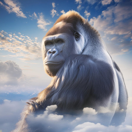Gorilla in the clouds. 3D render of a gorillaの素材