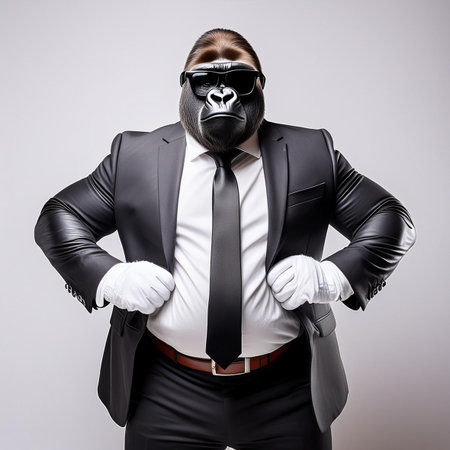 Portrait of an angry gorilla in a black suit and white gloves.の素材
