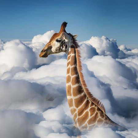 Giraffe in the clouds on a background of blue sky.の素材