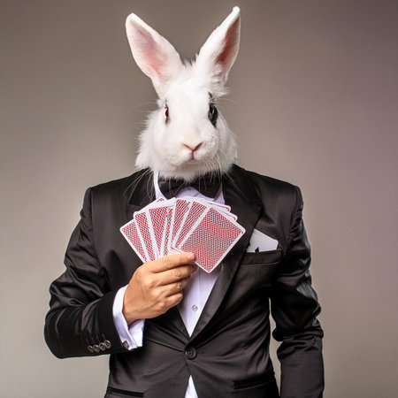 Rabbit in suit and bow tie with playing cards on gray backgroundの素材