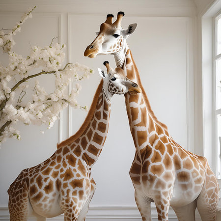 Two giraffes in a white room. 3D rendering.の素材