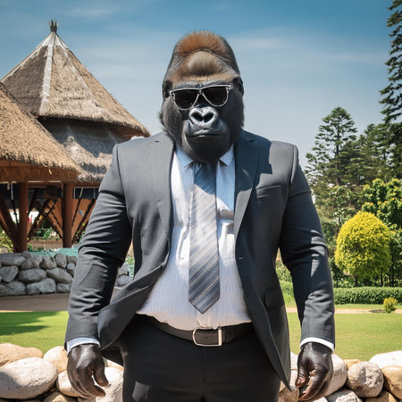 Portrait of a young business man with gorilla suit and sunglasses.の素材