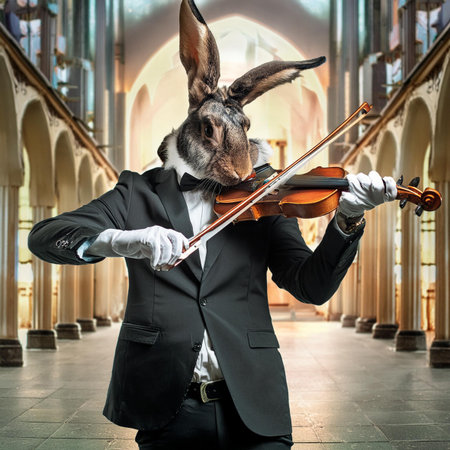 Rabbit playing the violin in the old church. The rabbit plays the violin.の素材
